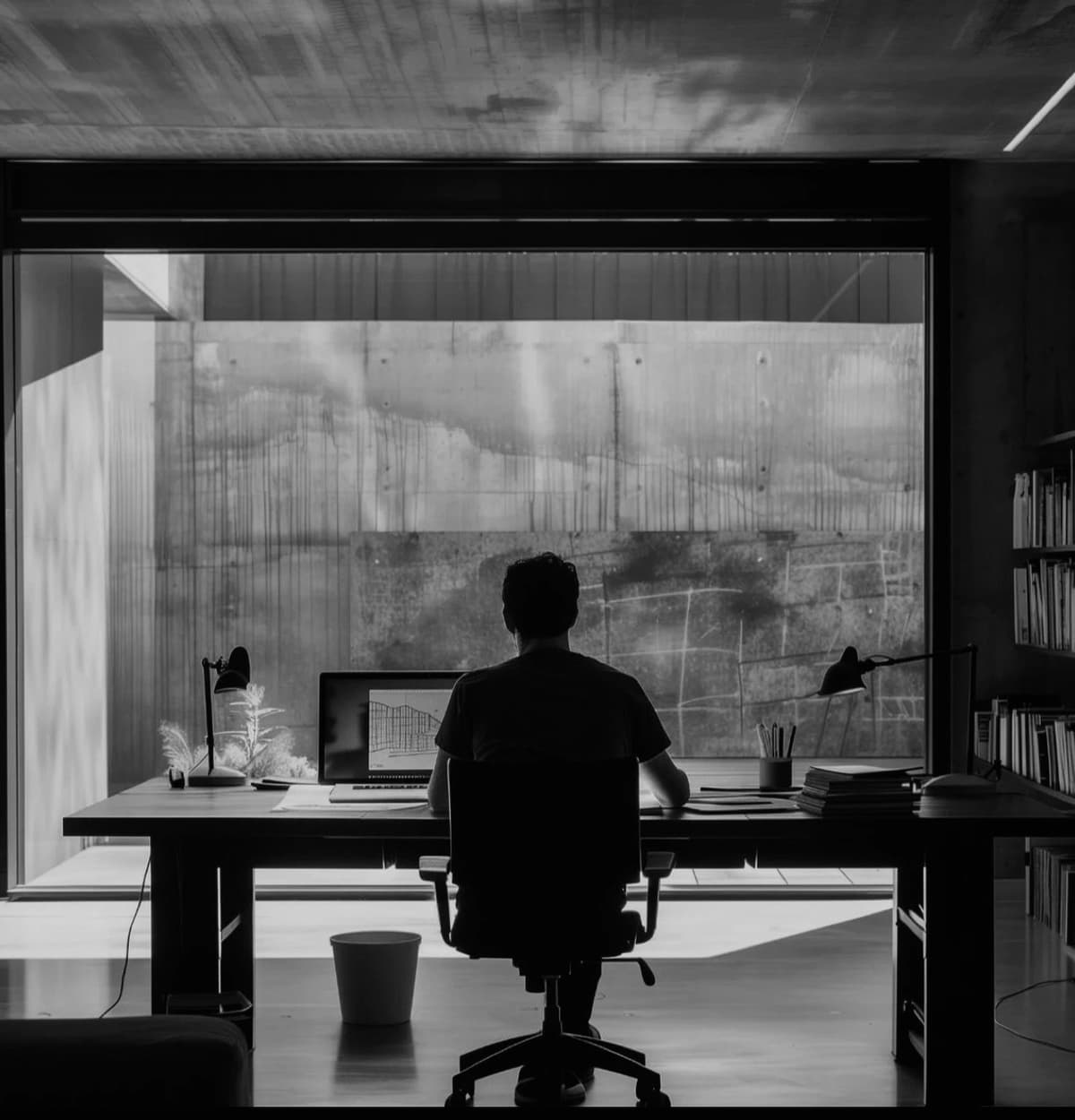 Black-and-white workspace with a person seated at a desk facing a concrete wall