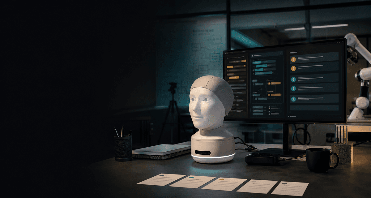 A Furhat-style robot head in a lab next to a dialogue interface