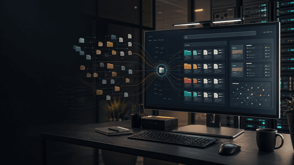 A knowledge retrieval workspace with connected files, folders, and search results